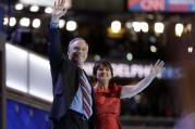 Democratic vice presidential candidate, Sen. Tim Kaine, D-Va., waves with his wife Anne Holton during the third day session of the Democratic National Convention in Philadelphia, Wednesday, July 27, 2016. (AP Photo/Matt Rourke)