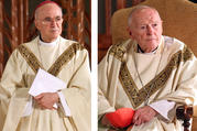  Archbishop Carlo Maria Vigano, then nuncio to the United States, and then-Cardinal Theodore E. McCarrick of Washington, are seen in a combination photo during the beatification Mass of Blessed Miriam Teresa Demjanovich at the Cathedral Basilica of the Sacred Heart in Newark, N.J., Oct. 4, 2014. (CNS photo/Gregory A. Shemitz)