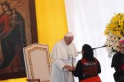 Pope Francis greets a woman during a ceremony in Palmasola prison in Santa Cruz, Bolivia, July 10 (CNS photo/Paul Haring).